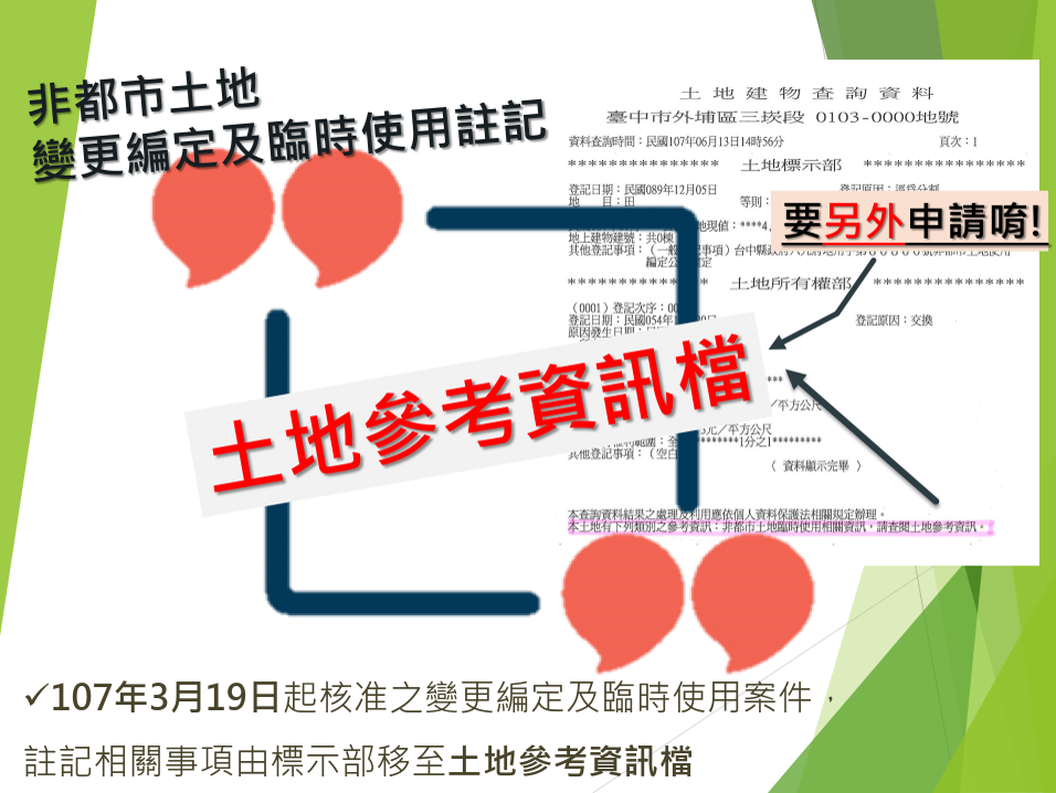 非都市土地用途或核定事業計畫使用項目改置於土地參考資訊